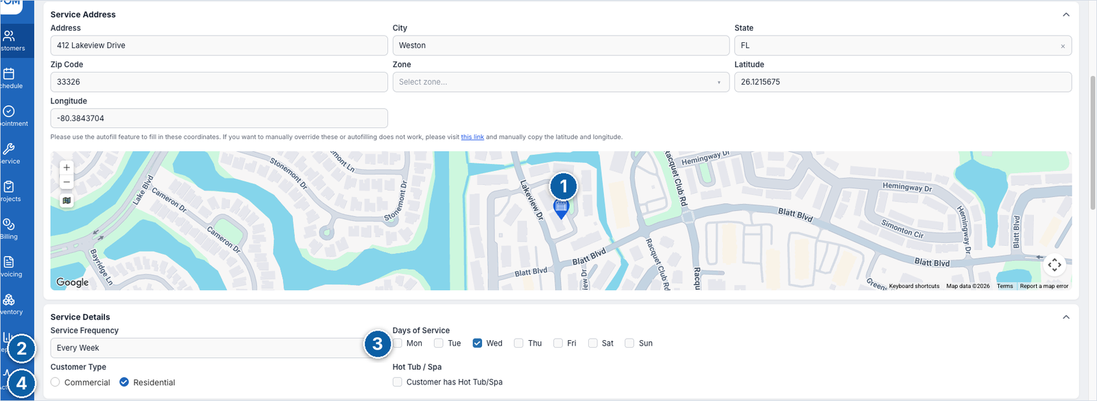 Map pin, service frequency, days of service, and customer type