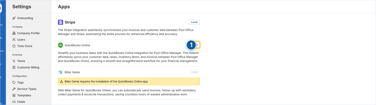 Settings, Apps page with the QuickBooks Online Install button