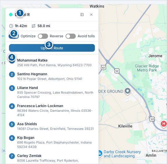 Route optimizer panel