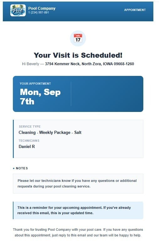 POM appointment email: Your Visit is Scheduled, with date, service type, technician, and notes