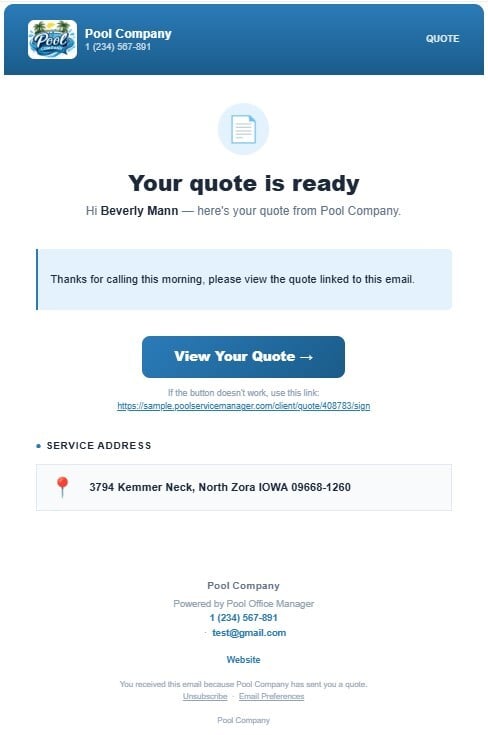 POM quote email: Your quote is ready, with a personal message, View Your Quote button, and service address