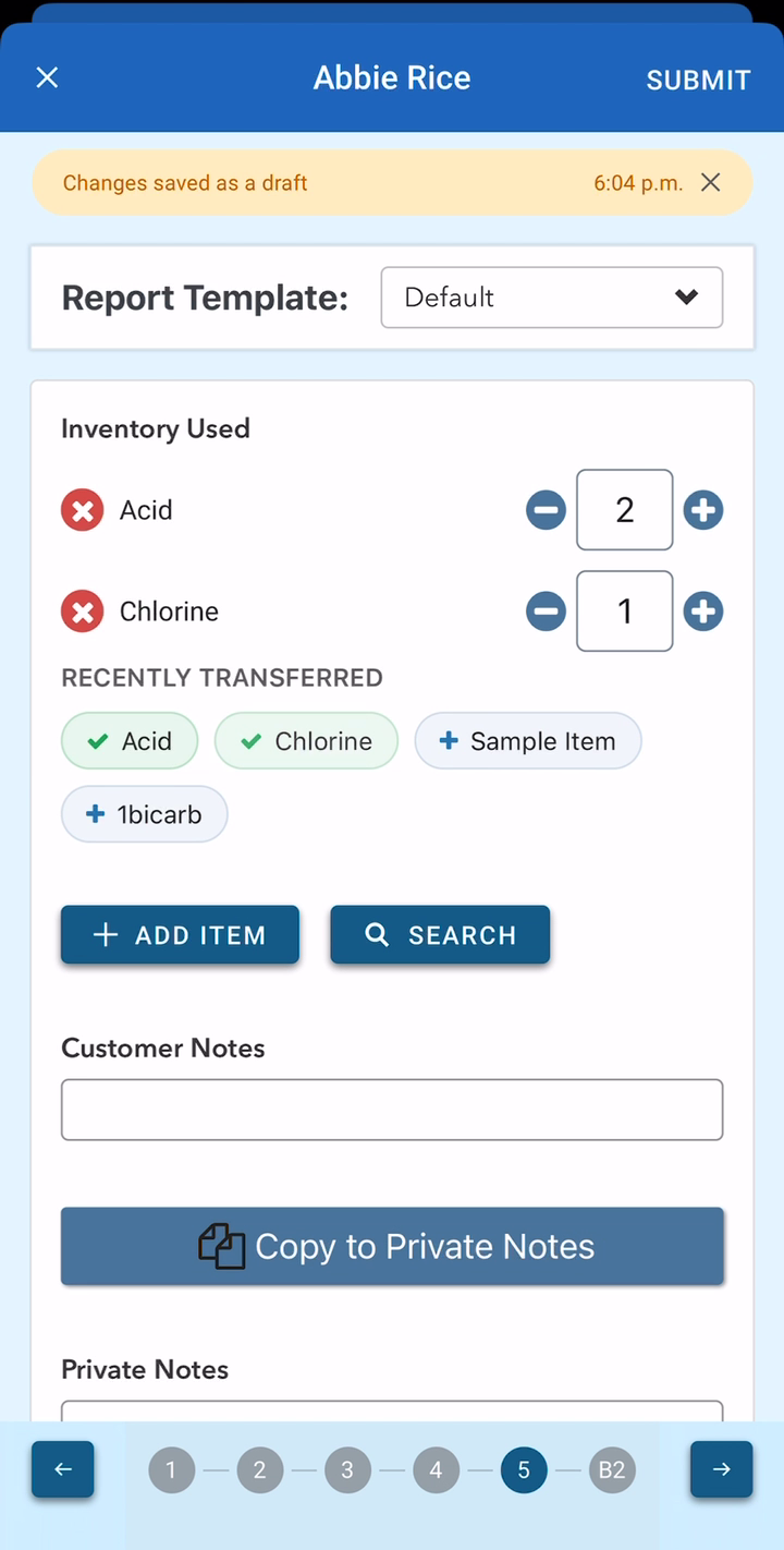 Inventory used: acid and chlorine with quantities
