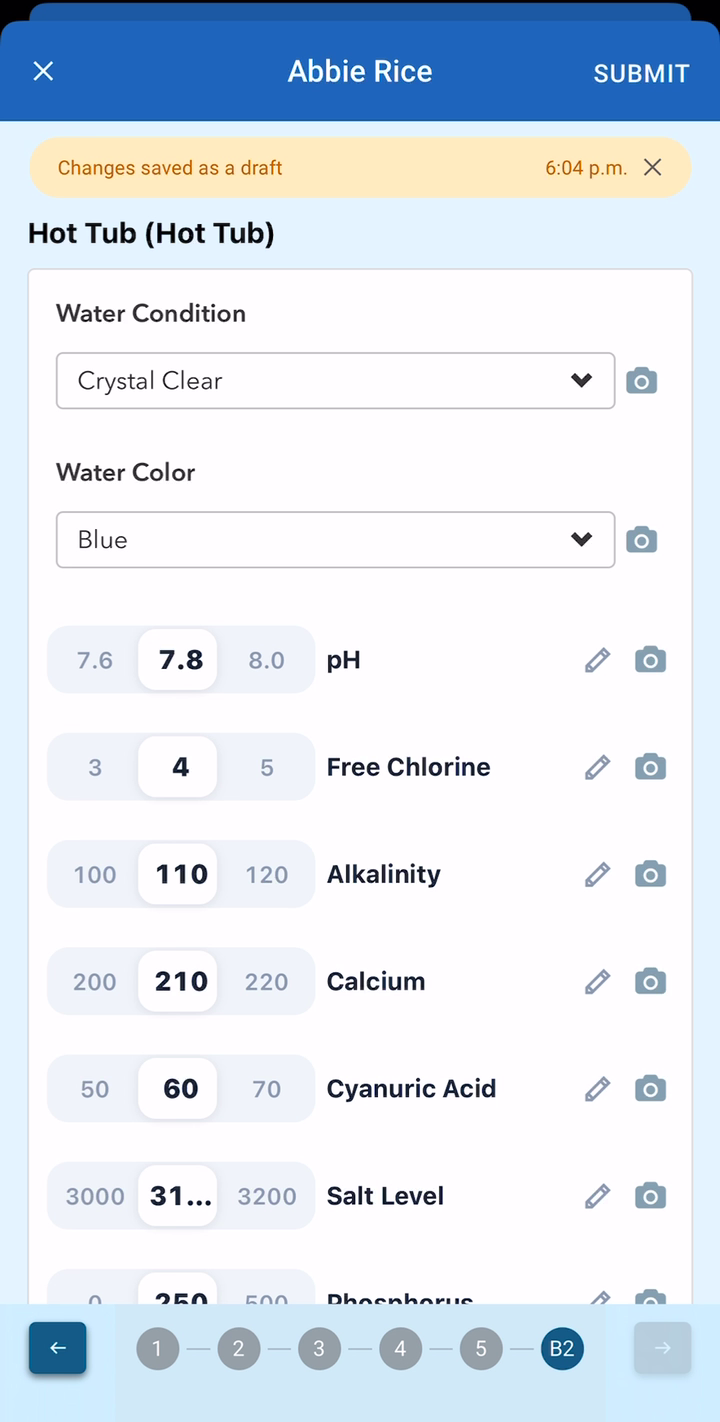 The hot tub section with its own condition, color, and readings