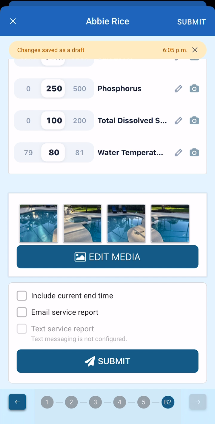 The bottom of the report: photos, email option, and Submit