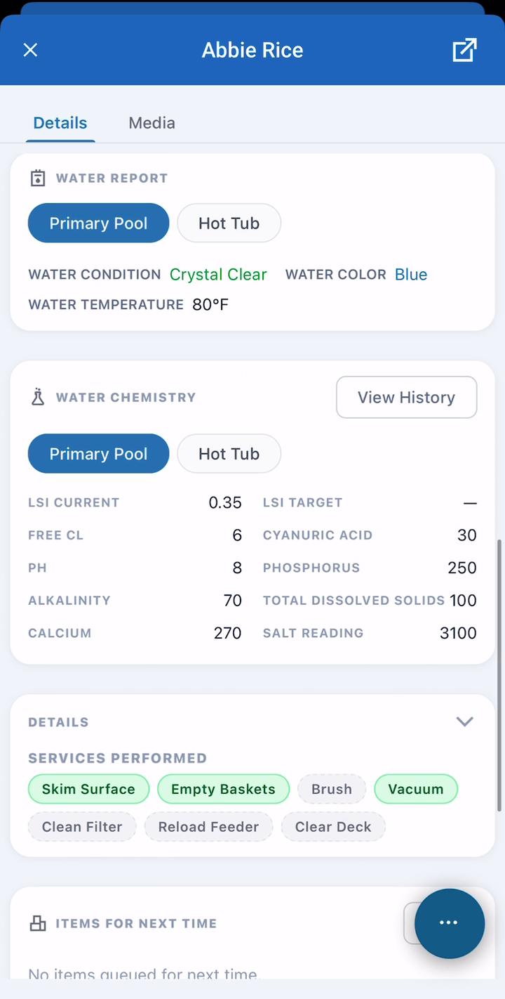 The finished water report: chemistry, saturation index, services performed