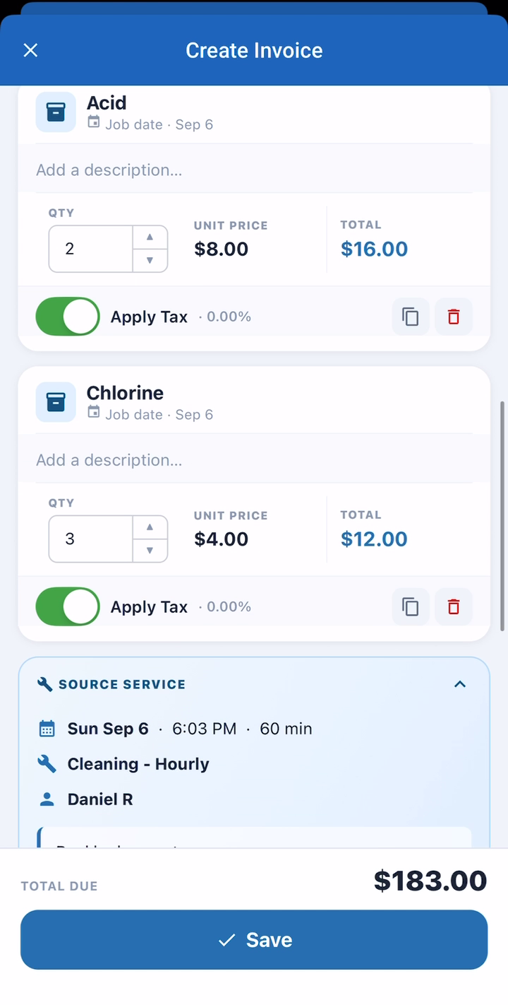 Create Invoice with labor, service call, and chemical line items