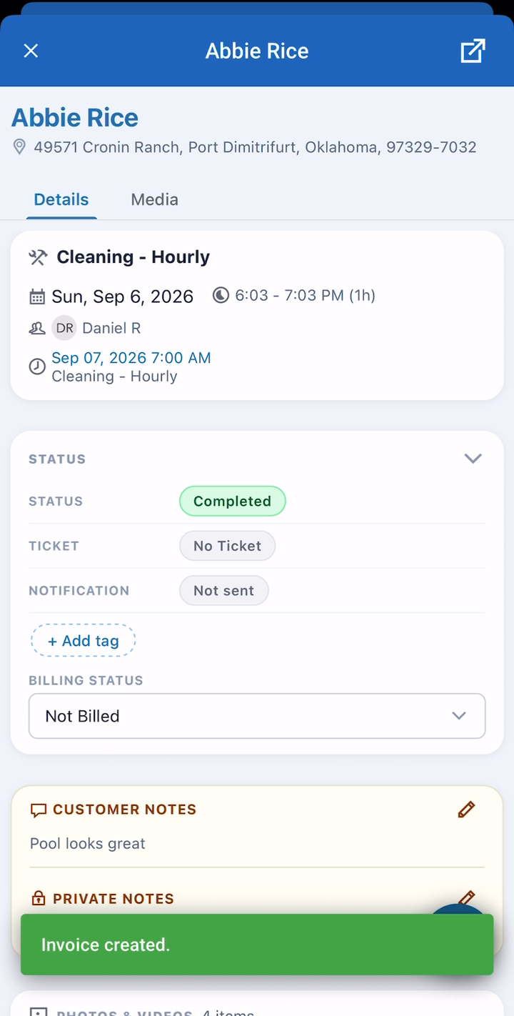 The appointment showing the invoice created