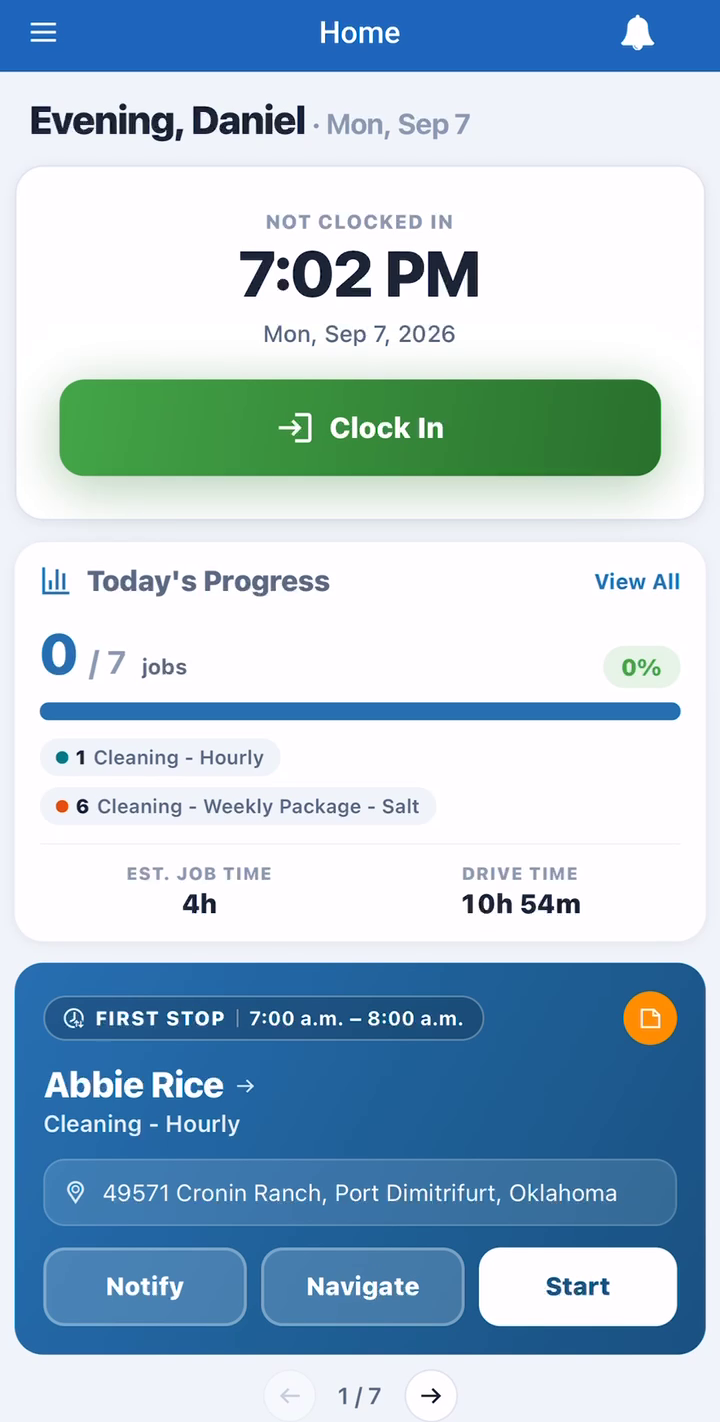 The home screen with the Clock In button and the first stop
