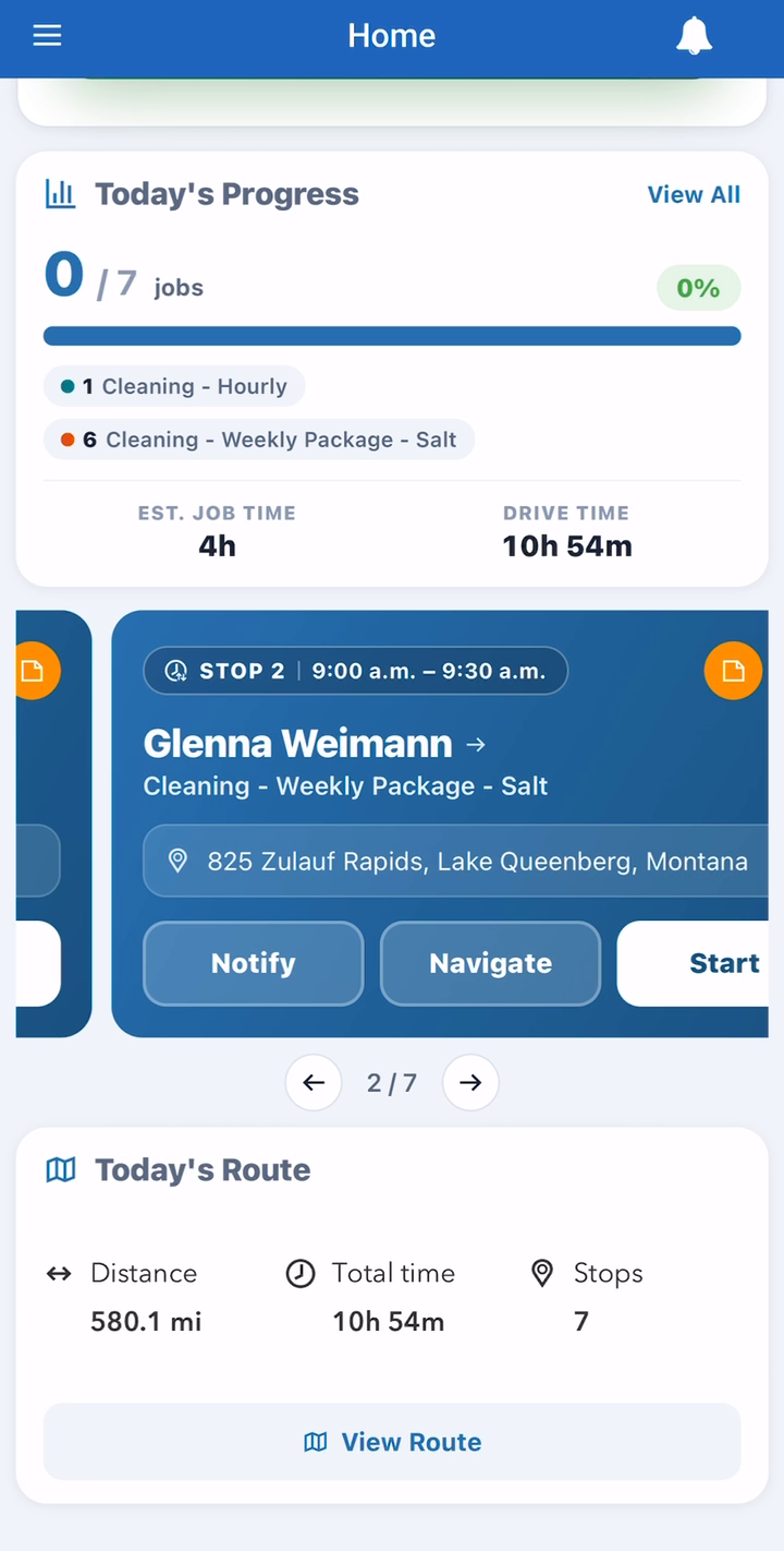 Today’s progress, the first stop card, and the route summary