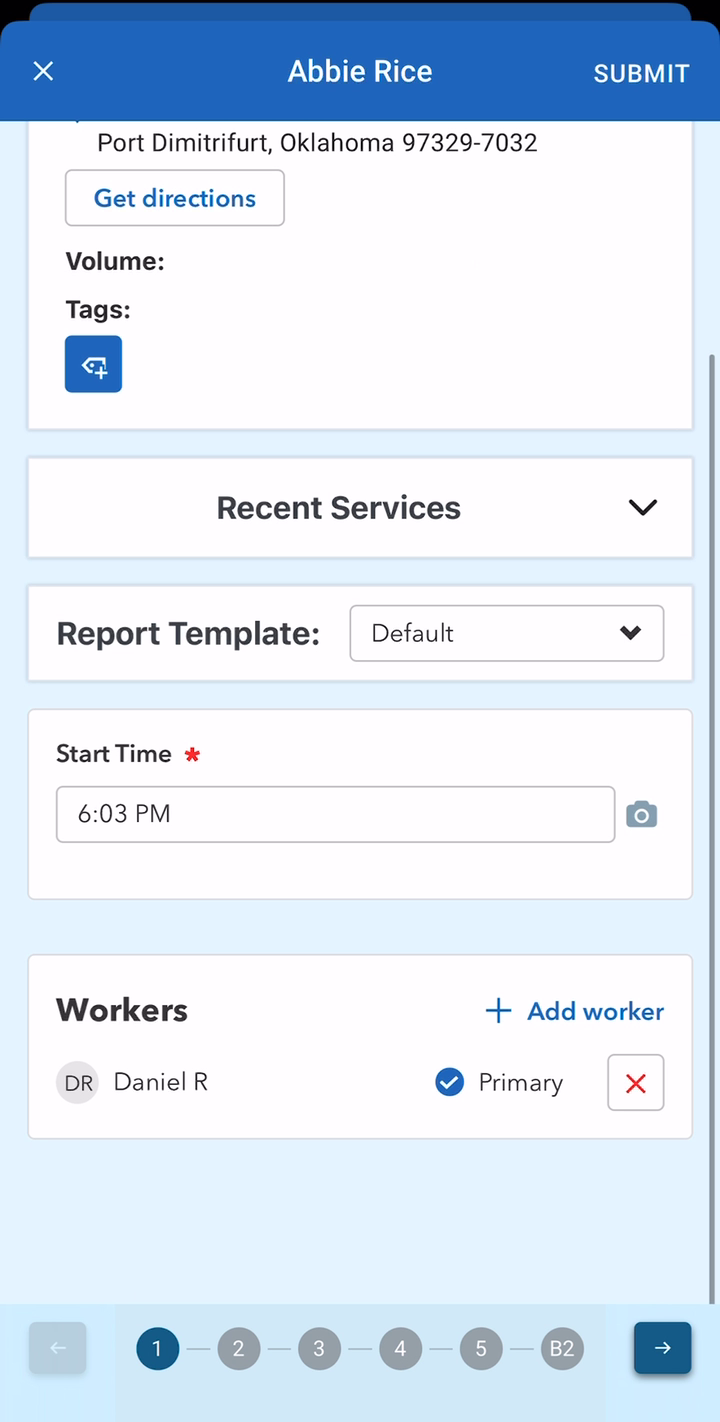 The appointment with start time and assigned workers