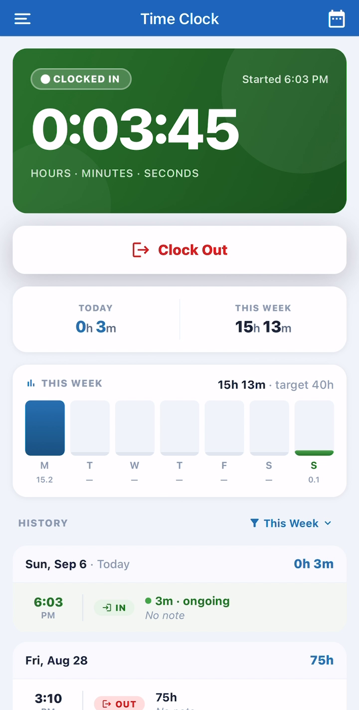 The time clock with today and the week
