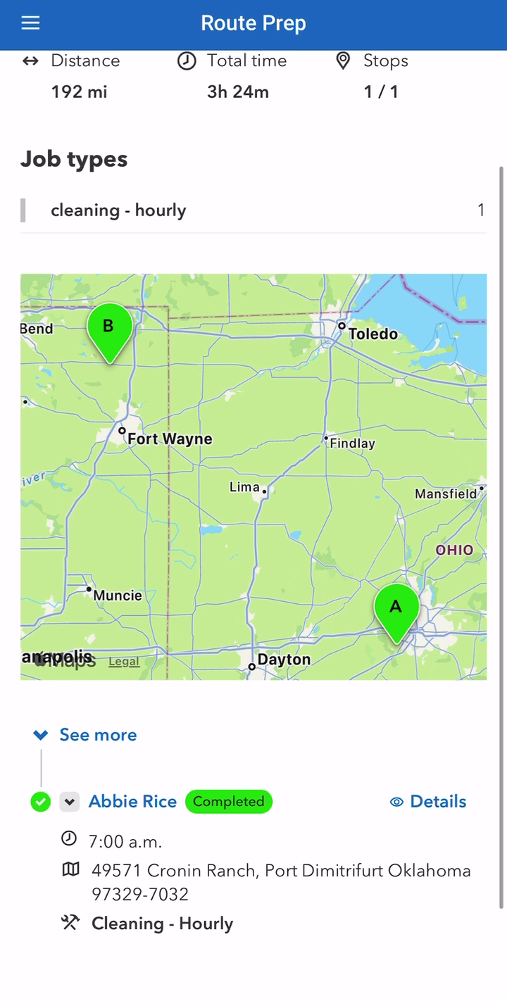 Route Prep: the day’s stops on a map with drive totals